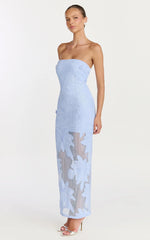 Sienna Midi Dress Strapless Floral Embroidered Bodycon Dress in Blue