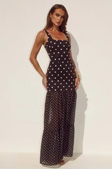 TILLIE SHEER BOTTOM MAXI DRESS BLACK WHITE POLKA