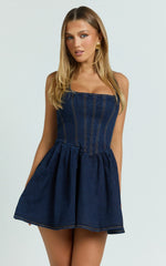 Hayes Mini Dress Halter Neck Corset Bodice Dress in Dark Blue