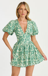 Nelli Mini Dress Short Puff Sleeve Shirred Back Dress in Green Silhouette