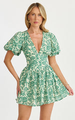 Nelli Mini Dress Short Puff Sleeve Shirred Back Dress in Green Silhouette