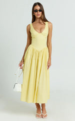 Beckett Midi Dress Scoop Neck Drop V Waist Gathered Skirt Dress in Butter Yellow