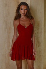 CLARA HALTER RUFFLE MINI DRESS CHERRY