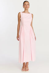 Casina Midi Dress Boat Neck Tie Back Fit And Flare Dress in Pale Pink