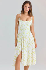 lemon floral print georgette midi dress
