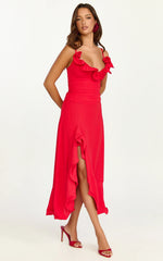 Vivienne Midi Dress Rosette Neck Gathered Frill Split Leg Dress in Red