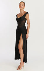 Demetria Maxi Dress Mesh Bodycon Dress in Black