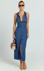 Olga Midi Dress Denim Collared Button Down Bodycon Dress in Mid Blue Wash