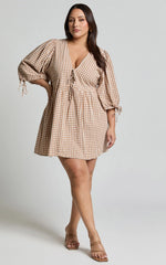 Rosita Mini Dress Tie Front Puff Sleeve Dress in Caramel White Gingham