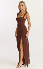Donna Maxi Dress Cowl Neck Column High Split Dress in Chocolate