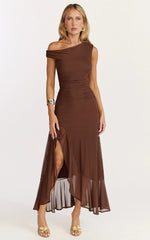 Judee Midi Dress One Shoulder High Side Split Dress in Chocolate
