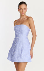 Rosalie Mini Dress Strapless Jacquard Floral Mini Dress in Blue