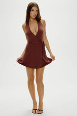 Evening Halter Wrap Mini Dress Brown Sugar