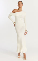 Elaine Midi Dress Knit Off Shoulder Asymmetric Panel Dress in Cream