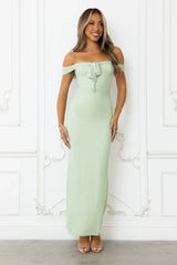 Stepping Back Off Shoulder Mesh Maxi Dress Sage