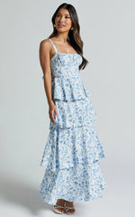 Lorma Midi Dress Ruched Layered Dress in Blue Floral