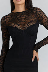 black lace long sleeved corset maxi dress