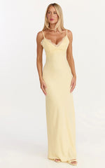 Kyra Maxi Dress Lace Bust And Tie Back Satin Dress in Lemon