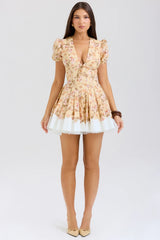 honeyflower print pleated cotton mini dress