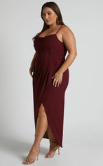 Andrina Midi Dress High Low Wrap Corset Dress in Wine