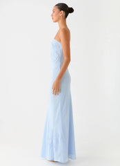 Sassafras Beaded Flower Strapless Maxi Dress Blue