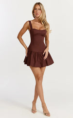 Nyx Mini Dress Balconette Bodice Drop Waist Dress in Chocolate