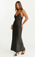 Christy Midi Dress V Neck Lace Detail Slip Dress in Black