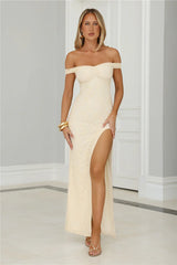 Cherished Off Shoulder Lace Maxi Dress Lemon