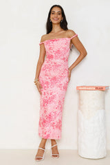 Runway Energy Mesh Off Shoulder Midi Dress Pink