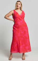 Jodie Midi Dress V Neck Slip Dress in Pink Floral