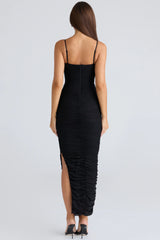 black gathered stretch mesh maxi dress