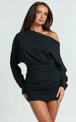 Alyce Mini Dress Long Sleeve One Shoulder Dress in Black
