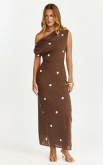 Cia Maxi Dress Tipped Shoulder Linen Polkadot Dress in Chocolate