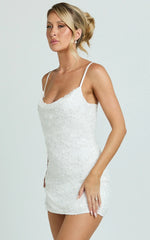 Alana Mini Dress Sequin Lace Cowl Neck Dress in White