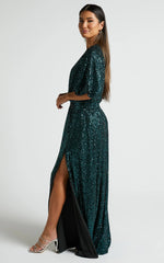 Miyah Maxi Dress Sequin Plunge Short Sleeve Dress in Emerald