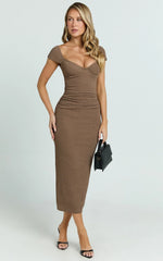 Elia Midi Dress Cap Sleeve Sweetheart Underwire Fitted Dress in Brown