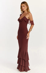 Riley Maxi Dress Asymmetric Ruffle Detail Maxi Dress in Chocolate