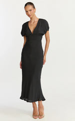 Desiree Midi Dress V Neck Flutter Short Sleeve Slip Dress in Black