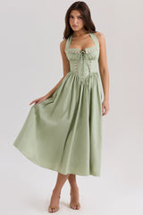 sage stretch cotton halter neck midi dress