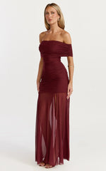 Alanna Maxi Dress Off Shoulder Ruched Mesh Dress in Wine
