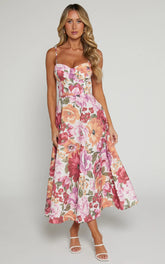 Robertson Midi Dress Strappy Sweetheart Bustier Flare Dress in Spring Floral