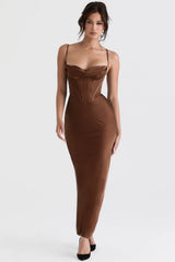 chocolate corset maxi dress