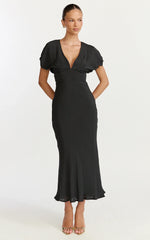 Desiree Midi Dress V Neck Flutter Short Sleeve Slip Dress in Black