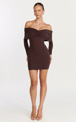 Rani Mini Dress Off Shoulder Long Sleeve Bodycon Dress in Chocolate