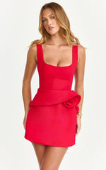 Vivienne Mini Dress Square Neck Rosette Peplum Dress in Red