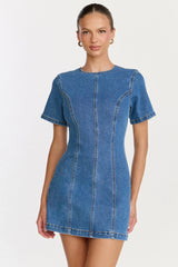 Camellia Mini Dress High Neck A Line Dress in Mid Blue Wash
