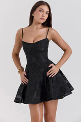 black floral lace back mini dress