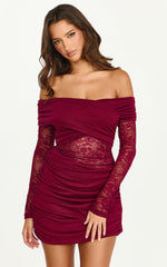 Juliet Mini Dress Off Shoulder Lace Contrast Bodycon Dress in Wine