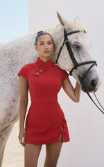 Nadia Mini Dress Cap Sleeve Mandarin Collar Fitted Dress in Red with Red Trim
