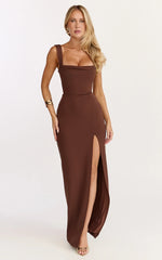 Donna Maxi Dress Cowl Neck Column High Split Dress in Chocolate